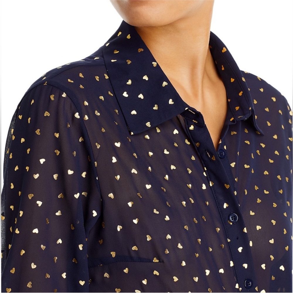 Aqua Navy Button Down Sheet Long-sleeve Shirt with Gold Foil Heart Print - Picture 2 of 11
